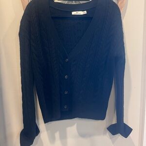 Black Cable Knit cashmere Cardigan Sweaterwith plaid cuffs